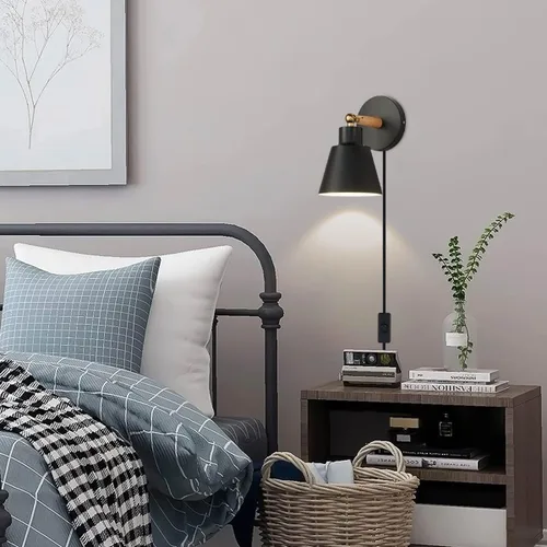 Miniatura 4 de ClanKin Juego de 2 apliques de pared enchufables, lámpara de pared para dormitorio industrial, lámpara de pared para baño, pasillo, sala de estar