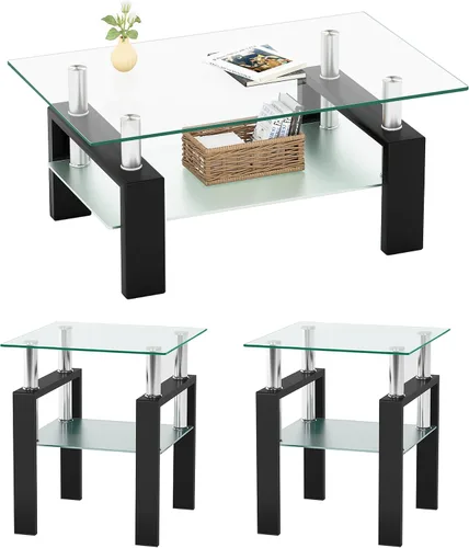 Miniatura 8 de Meihua Juego de 3 mesas auxiliares de cristal y mesa auxiliar, moderno juego de mesa de sala de estar con marco de vidrio templado y metal, mesas