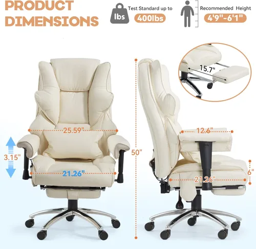 Miniatura 3 de Silla de Oficina de Masaje con Reposapiés, Silla Ejecutiva Ergonómica con Calefacción para Oficina con Respaldo Reclinable, Brazos Ajustables y Beige