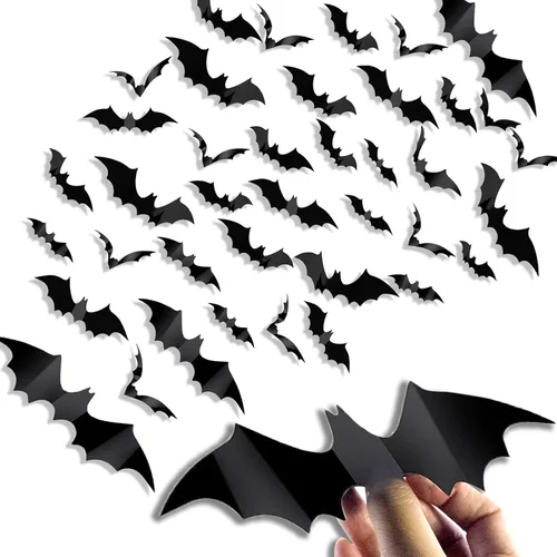 56 piezas de murciélagos para decoración de pared, decoraciones de Halloween, murciélagos 3D, calcomanías realistas de murciélago de PVC para