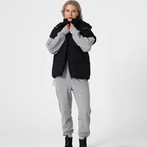 Miniatura 30 de Shiyifa Chaleco acolchado para mujer, chaqueta de gran tamaño, sin mangas, ligera, con cremallera, con capucha desmontable