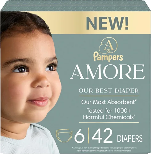 Miniatura 34 de Pampers Amore, tamaño 3 (13-26 libras), 66 unidades, nuestro mejor pañal, hipoalergénico y sin fragancia, hasta 100% a prueba de fugas, suave como
