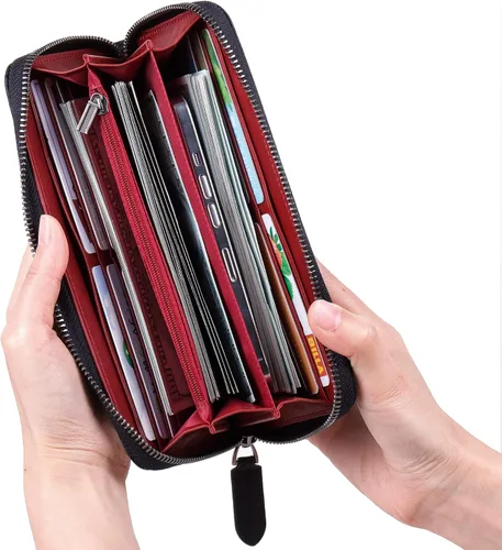 Miniatura 67 de VISOUL Cartera larga de cuero con cremallera para hombres y mujeres con bloqueo RFID, cartera larga de embrague grande con cremallera, Negro