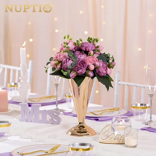 Miniatura 2 de 2 piezas de jarrón de metal para mesa de boda con flores en forma de trompeta, centro de mesa decorativo de 9.8 pulgadas, arreglos de flores
