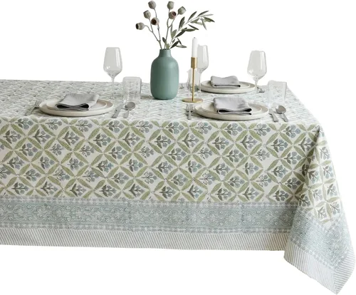 Miniatura 25 de ATOSII Mantel Redondo Bohemio Jade de Algodón 100%, Mantel de Lino con Estampado Floral de Bloques para Comedor, Fiestas, Bodas, Exteriores I