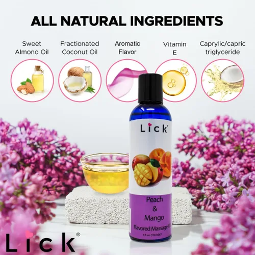 Miniatura 4 de Lick Aceite de masaje con sabor a mango de durazno – Aceite de masaje comestible de mezcla tropical jugosa con vitamina E, ligero deslizamiento