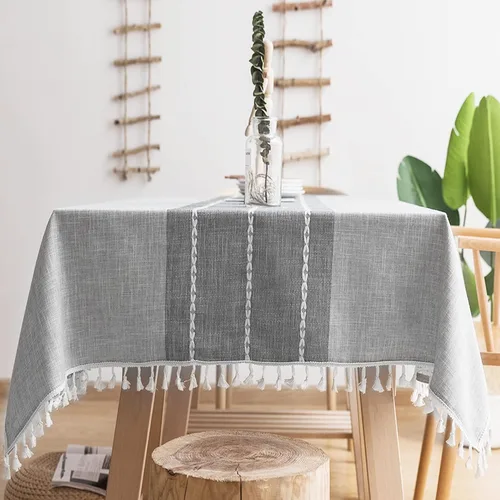 Miniatura 8 de Oubonun Mantel rectangular de lino de algodón, resistente a las arrugas y resistente al agua, lavable a máquina con borlas para cocina y comedor, 55