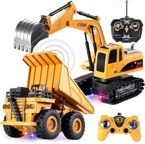 JOYIN Juego de 2 vehículos de construcción a control remoto, excavadora RC accionada por fricción y camión volquete RC con luces y sonidos para