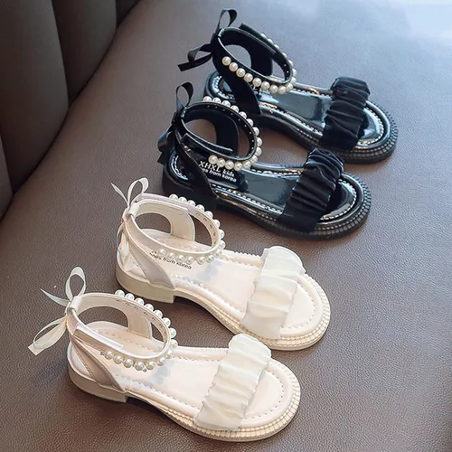Miniatura 2 de synia Sandalias para niñas con velcro, sandalias suaves de tacón bajo con perlas, zapatos de verano para niños pequeñosniños grandes