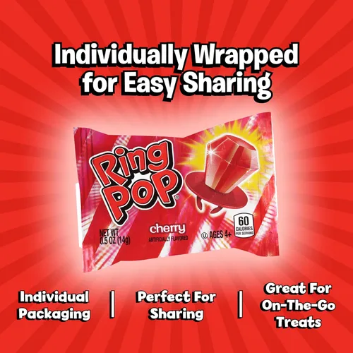 Miniatura 5 de Ring Pop - Dulces de Navidad rojos en forma de piruleta, 30 unidades envasadas individualmente con sabor a cereza roja, tamaño completo, divertidos