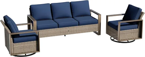 Miniatura 27 de Sofá de Mimbre Metálico para Patio de 75", Sofá Sillón de Ratán para Exteriores de 3 Asientos para Todo Tipo de Clima con Cojines Premium y Beige