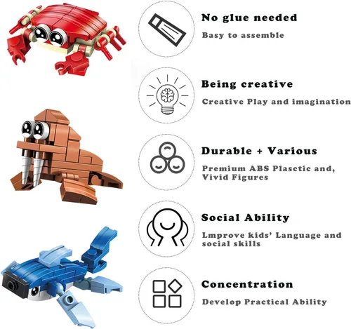 Miniatura 6 de Recuerdos de fiesta para niños, 12 piezas de minibloques de construcción animales del océano, juegos de construcción de juguetes de tronco
