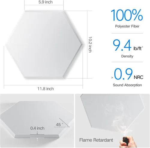 Miniatura 3 de Paquete de 12 paneles acústicos autoadhesivos de 12 x 10 x 0.4 pulgadas, paneles de espuma a prueba de sonido para paredes, diseño hexagonal Blanco