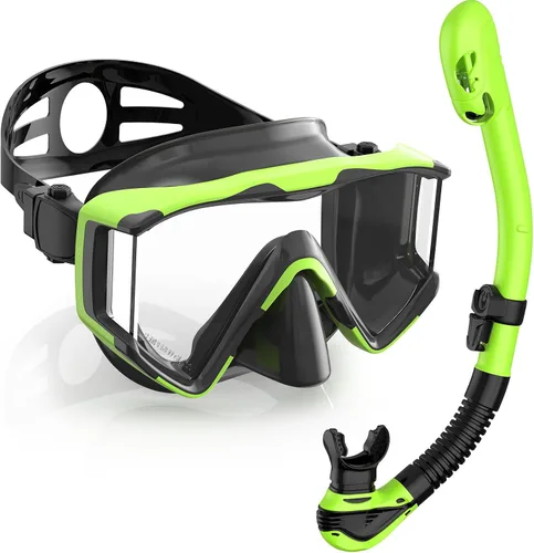 Miniatura 8 de Greatever Juego de esnórquel Pano de 3 ventanas para adultos, vista panorámica amplia, máscara de buceo antivaho, antifugas, gafas de esnórquel