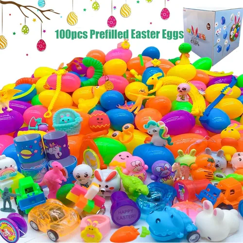Miniatura 2 de 100 huevos de Pascua rellenos con juguetes novedosos, colores brillantes para cestas de Pascua, recuerdos de fiesta de Pascua y caza