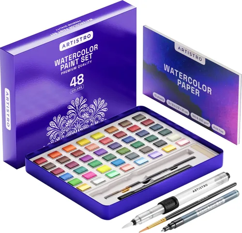Miniatura 12 de ARTISTRO Juego de pintura de acuarela de 50 colores, kit de arte de pintura portátil con paleta y bolígrafos de pincel, juego de acuarela de viaje
