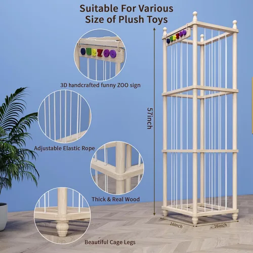 Miniatura 5 de Organizador de Almacenamiento de Juguetes de Madera para Animales de Peluche, Diseño Mejorado de Puf Hamaca de Animales de Peluche Red de Peluches