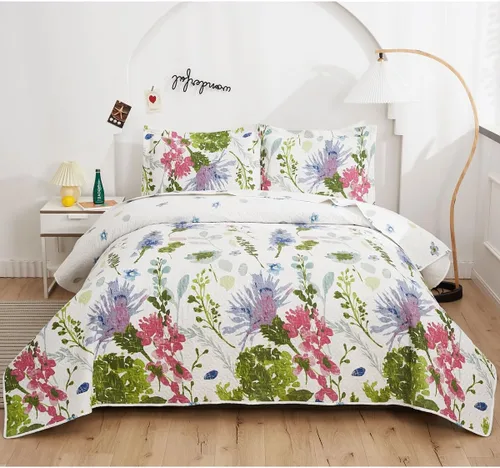 Miniatura 9 de Juego de cama de verano ligero y delgado con diseño floral de tamaño Queen/Full, conjunto de colcha y cubrecama botánico con flores lila