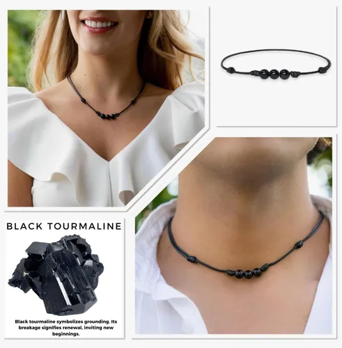Miniatura 6 de Collar de perlas de turmalina anudadas con cordón de nailon de cera ajustable, gargantilla de cristal unisex de buena suerte con cuentas