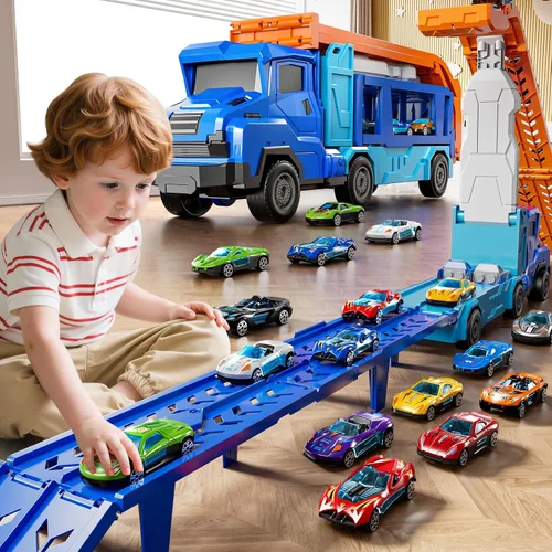 Miniatura 5 de Juego de camiones y coches para niños de 3, 4, 5, 6, 7, 8 años, juego de camiones transportadores con pista de 12 coches fundidos a presión