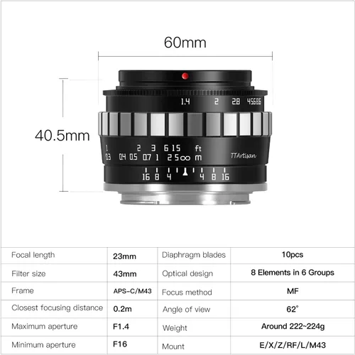 Miniatura 6 de TTArtisan 23mm F1.4 APS-C Lente de cámara de enfoque manual para Sony E-Mount A5000 A5100 A6000 A6100 A6300 A6400 A6500 A6600 NEX-3 NEX-3N NEX-3R
