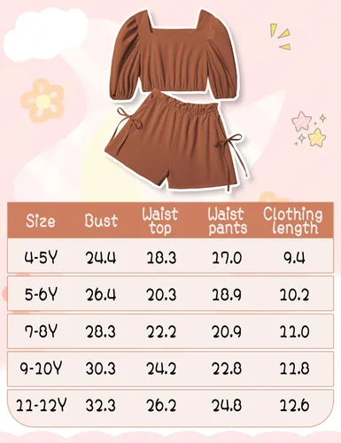 Miniatura 7 de BAVADER Conjunto de ropa para niña, 2 piezas, con cuello cuadrado, manga abombada, pantalones cortos con bolsillo con cordón para verano