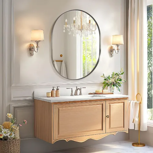 Miniatura 8 de ANDY STAR Espejo de baño ovalado de 24 x 32 pulgadas, diseño ovalado de níquel en forma de píldora en marco de metal de acero inoxidable para baño