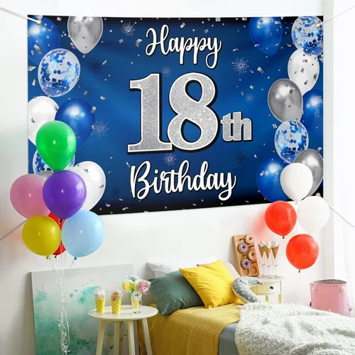 Miniatura 3 de Decoraciones de Feliz Cumpleaños Número 18, Globo Azul y Plateado Pancarta Grande de Cumpleaños Letrero de Fondo, Salud por Dieciocho Años 18º