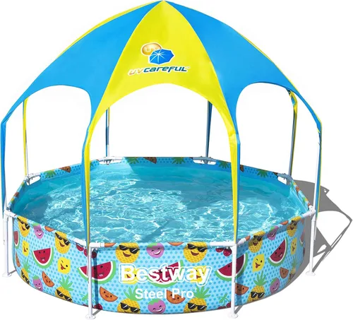 H2OGO! - Piscina redonda para niños con marco de acero de 8 pies sobre el suelo con rociador de agua y toldo para sol, estampado de hojas tropicales