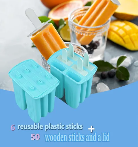 Miniatura 2 de Moldes de silicona para paletas con palillos, 6 cavidades, molde para helado con cepillo limpio, 6 palitos reutilizables, 50 palitos, 50 bolsas, Azul
