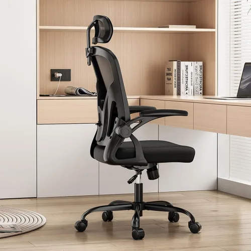 Miniatura 8 de Silla de oficina ergonómica de malla, silla de escritorio con respaldo alto y reposabrazos, soporte lumbar ajustable hacia arriba y hacia abajo