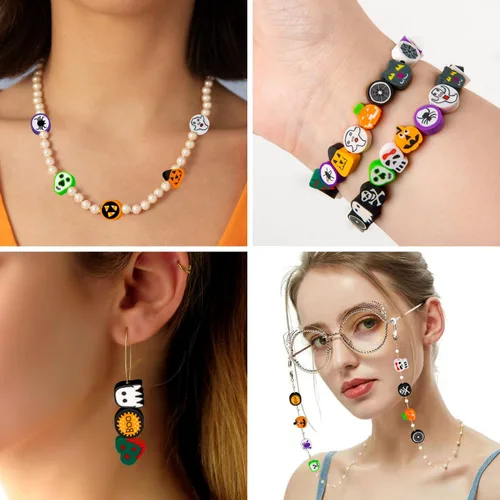 Miniatura 6 de 200 cuentas de arcilla polimérica de Halloween, cuentas espaciadoras Heishi mixtas para mujeres, pulseras, aretes, collares, fabricación de joyas