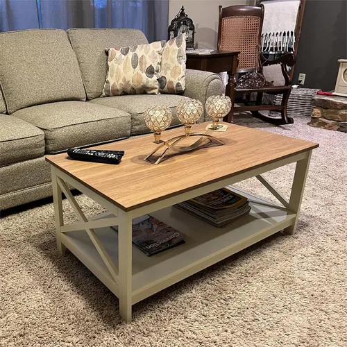 Miniatura 3 de MFSTUDIO Mesa auxiliar de granja con estante de almacenamiento abierto, mesa central de madera de 2 niveles para sala de estar, mesa de cóctel