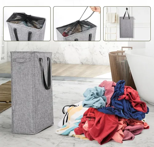 Miniatura 7 de Odonata Cesta de lavandería delgada con asas, cesta plegable para ropa sucia, bolsa de ropa sucia estrecha, cesta plegable para ropa sucia, 45 Gris