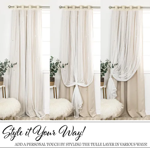 Miniatura 4 de Best Home Fashion Par de cortinas opacas con revestimiento de tul y corte láser, paneles de ventana con ojales plateados para dormitorio, habitación