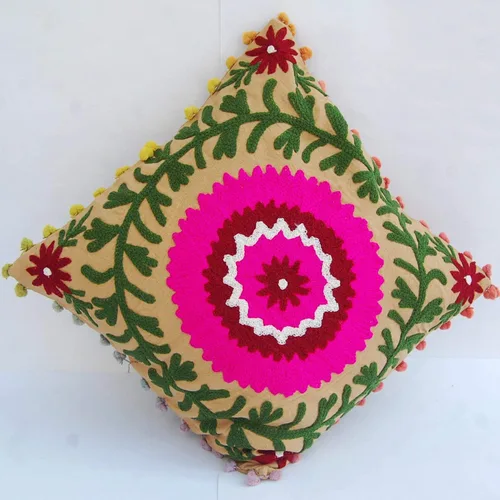 Miniatura 3 de Almohada tradicional Jaipur Boho Suzani, funda de cojín bordada de 16 x 16 pulgadas, funda de almohada decorativa, cojines indios con pompones