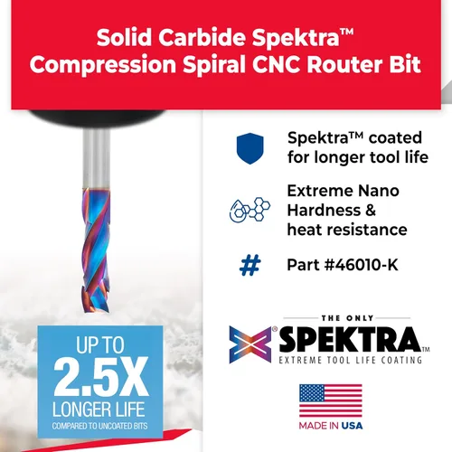 Miniatura 2 de Amana Tool Spektra Extreme Tool Life - Broca de router espiral de compresión CNC de carburo sólido, 46010-K, 3/8 D x 1-1/8 CH x 3/8 vástago x 3