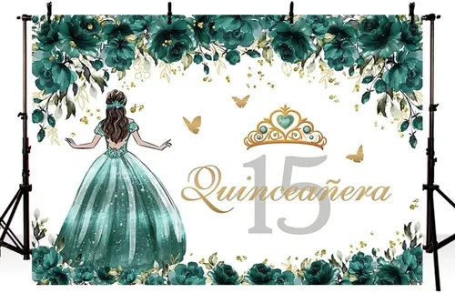 Miniatura 3 de MEHOFOND Telón de fondo de quinceañera Sweet 15 Girl Miss Quince Banner de rosas verdes y doradas, corona de niña en vestido de princesa, fiesta