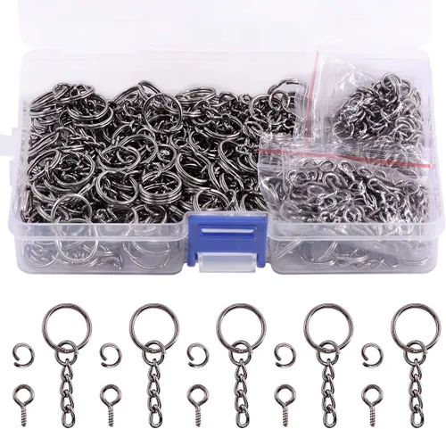 Swpeet Juego de 450 llaveros de 3/5 de pulgada y 0.591 in color negro pistola, incluye 150 llaveros con cadena y 150 anillos de salto con 150 pines