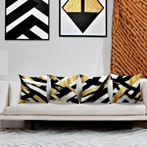 Miniatura 2 de Juego de 4 fundas de almohada negras y doradas, fundas de almohada de 18 x 18 pulgadas, almohadas geométricas abstractas a rayas para decoración