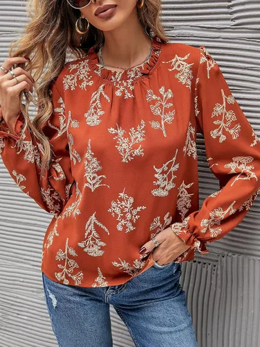 Miniatura 4 de Floerns - Blusa de chifón georgette de manga larga con estampado floral y cuello alto