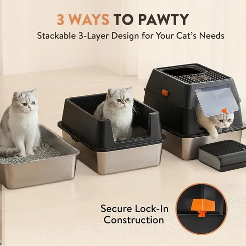 Miniatura 4 de Caja de arena XL de acero inoxidable para gatos con recinto y recogedor de excrementos, caja de arena duradera de metal negro para gatos grandes