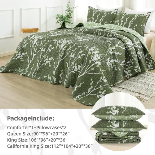Miniatura 6 de Andency Colcha verde tamaño Queen (96 x 90 pulgadas), colcha ligera floral de 3 piezas, colcha acolchada reversible de microfibra con 2 fundas