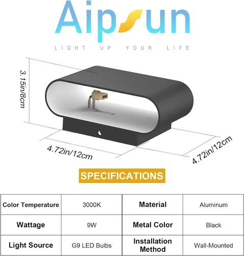 Miniatura 6 de Aipsun Juego de 2 Apliques de Pared LED Modernos Negros Luces de Pared para Interiores con Cableado Fijo Hacia Arriba y Hacia Abajo Luz de Montaje