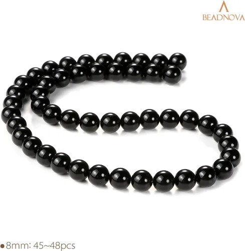 Miniatura 2 de Cuentas de ónix negro BEADNOVA con cuentas de cristal natural, piedras preciosas, redondas, sueltas, curativas de energía con cordón elástico de 01)