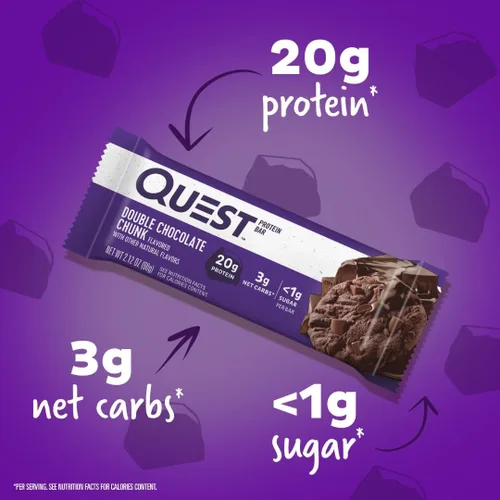 Miniatura 2 de Quest Nutrition Barras de proteína con trozos de chocolate doble, barras de 20g de proteína, 1g de azúcar, 4g de carbohidratos netos, sin gluten