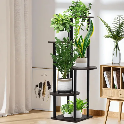 Miniatura 5 de Soporte alto de madera de 4 niveles para plantas, estante de metal para interiores, múltiples estantes para macetas, estante de esquina, estante