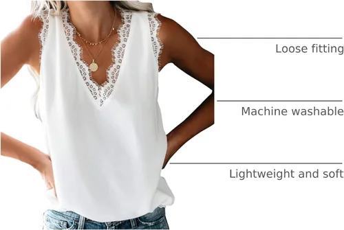 Miniatura 3 de VIISHOW - Camiseta sin mangas, sexy, con cuello en V y bordes de encaje para mujer, camisola de vestir, camisas de gasa, sin mangas, casuales
