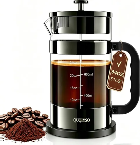 Miniatura 10 de QUQIYSO Cafetera de prensa francesa de acero inoxidable 304 con 4 filtros, resistente al calor, duradera, fácil de limpiar, prensa de café de vidrio