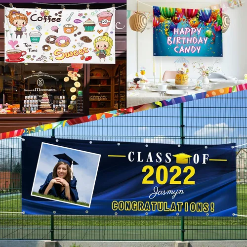 Miniatura 6 de Pancartas y letreros personalizados para exteriores con texto fotográfico, pancarta personalizada para negocios, cumpleaños, fiestas de graduación